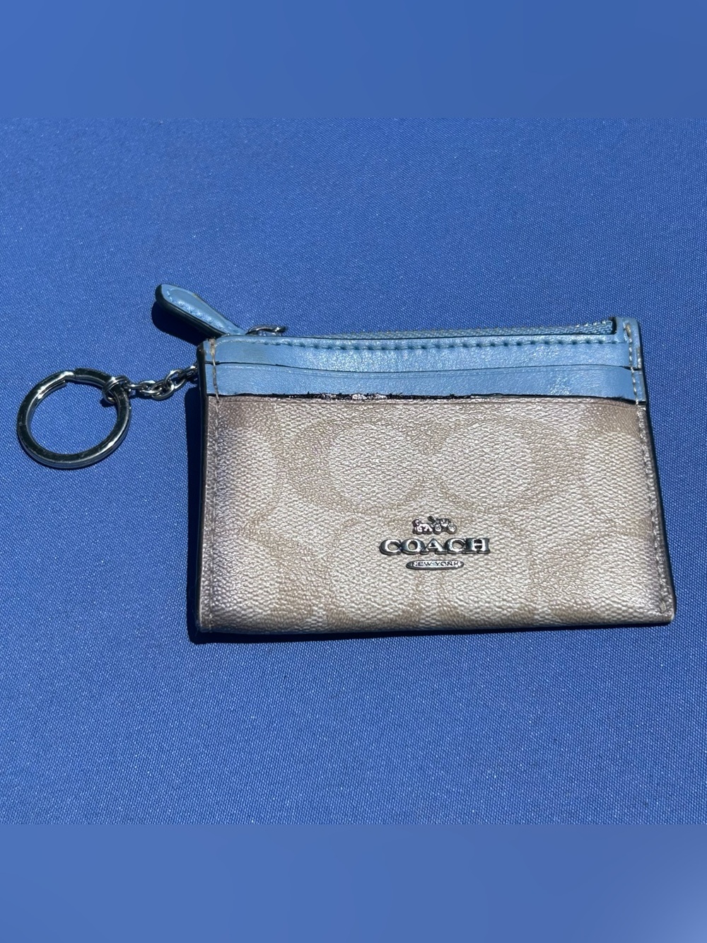 Coach Mini Skinny ID Case Signature Brown Logo Print Blue Leather Trim keychain